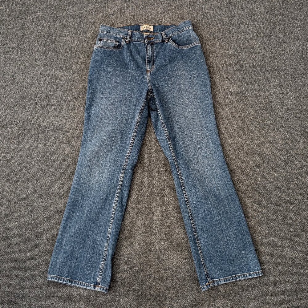 LL BEAN Jeans Women's 14 Reg Blue Straight Leg Y2K Light Fade Accent Zip Pockets